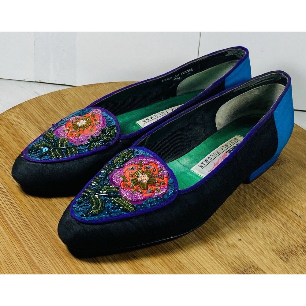 Vintage Franke And Baby Beverly Feldman Embroidered Elegant Flat Shoes Sz 7AA